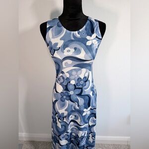Y2K Heat Wave Blue Retro Floral Mod Midi Dress Small 60s Style
